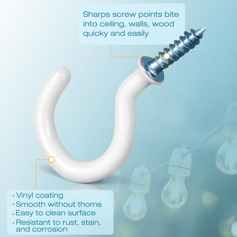 Pylevemv 110Pcs Premium Screw Hooks, 5 Sizes White Vinyl Coated Cup Hook, from1/2 in Small Hooks to 1-1/2 in Ceiling Hooks Heavy Duty, Screw in Hooks for Hanging Plants, String Lights - Image 3
